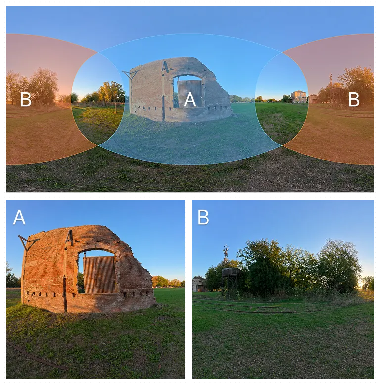 Fisheye split with correct geometry but incomplete coverage in some areas