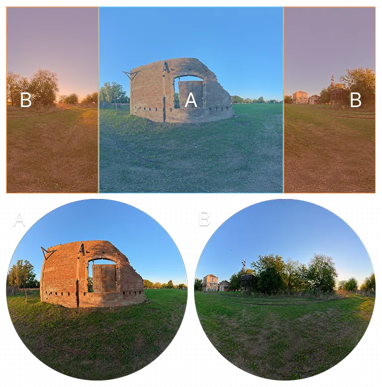 Fisheye coverage cone with COLMAP's default focal, ~64° per camera